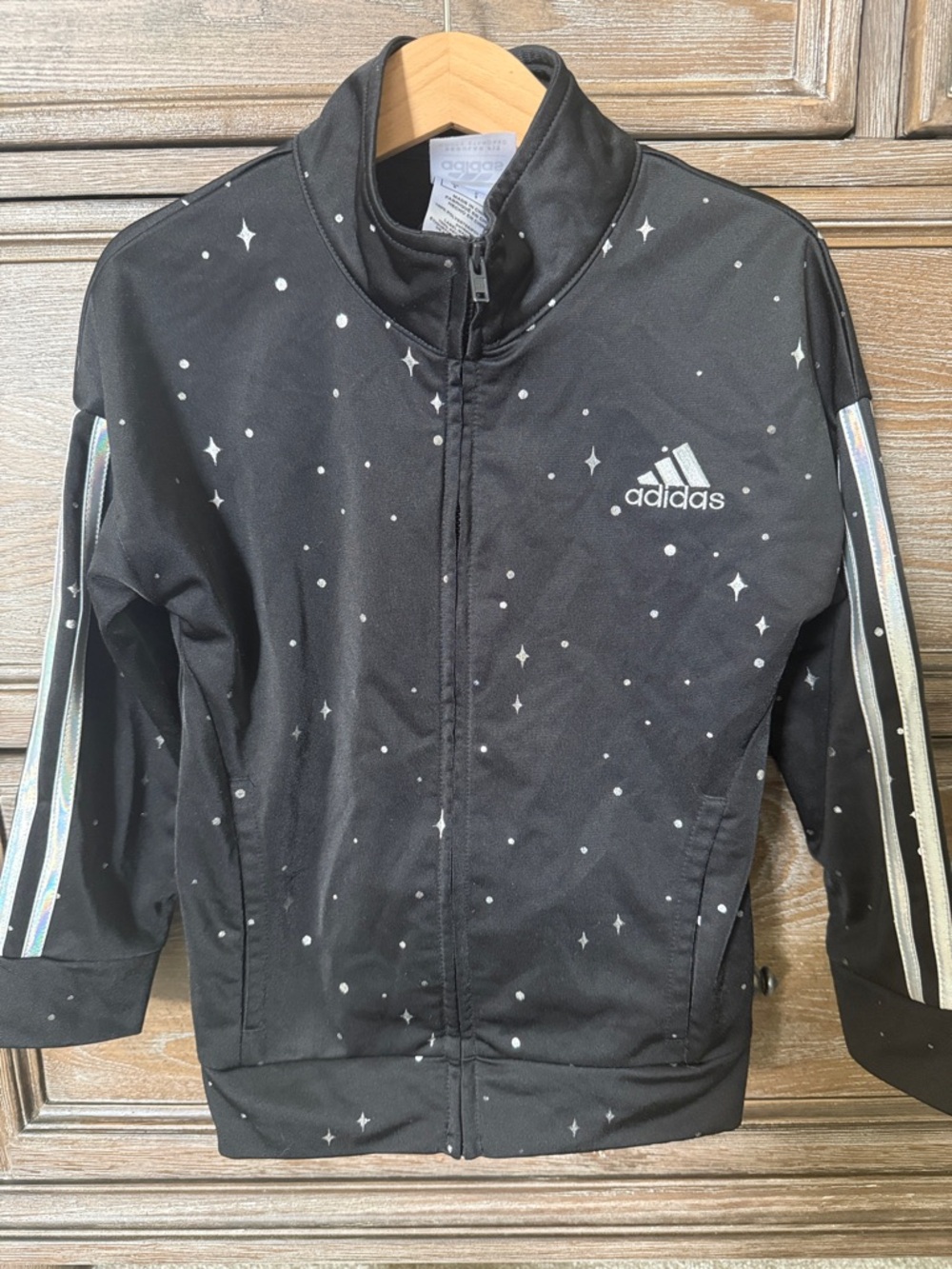 adidas Black Star-Print Zip Track Jacket with Holographic Stripes